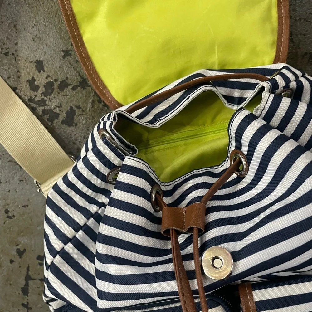 Lily Bloom Navy & White Striped Backpack with Front Pockets & Lime Green Inside - Picture 7 of 11